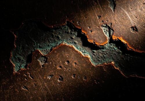 Intense low key cinematic texture of heavily scraped distressed dark copper surface with corrosion photo