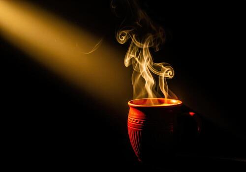 Golden light illuminating steaming hot tea in a red clay kulhad against dark background photo