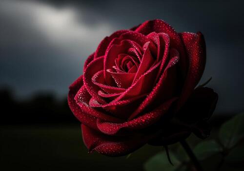Intense ruby red rose with water droplets in shadow, moody evening sky photo