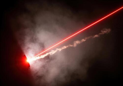 Intense red laser beam piercing through thick smoke in a dark, mysterious atmosphere with bright glow photo