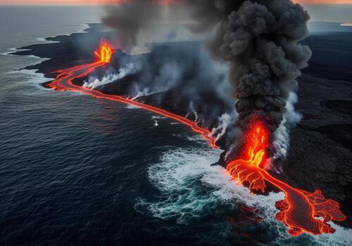 Dramatic aerial view of volcanic eruption with fiery lava flowing into the ocean at sunset photo