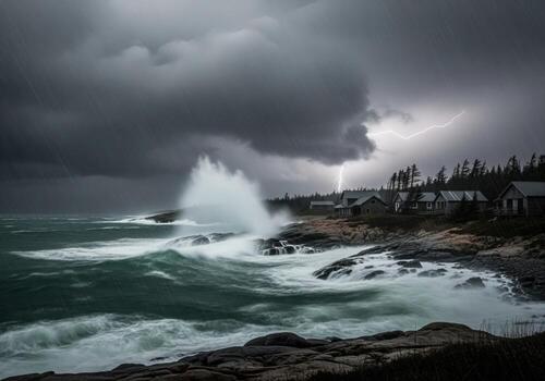 Turbulent storm with crashing waves and lightning striking a coastal village under dark clouds photo