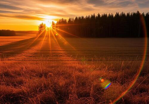 Dramatic golden sunset over a vast field with long shadows and a distant forest line photo