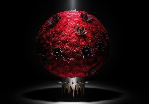 Dramatic ruby red carnation sphere with dark foliage on a spiky metallic base photo