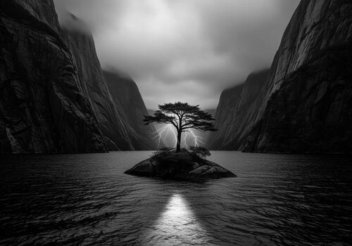 Dramatic monochrome fjord lake with lone tree on island and powerful lightning strike photo