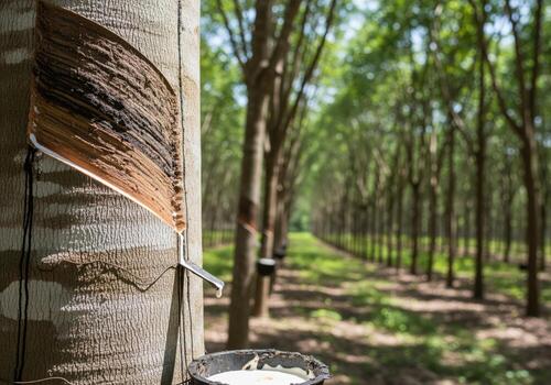 Close up of rubber tapping on a hevea brasiliensis tree in a tropical plantation, collecting latex photo
