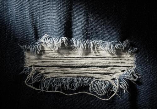 Close up of distressed indigo denim fabric with a ripped hole and frayed white threads photo