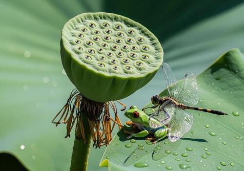 Red eyed tree frog and dragonfly on a dewy lotus leaf next to a large seed pod photo