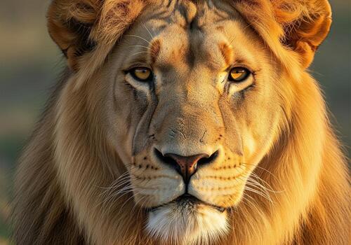 Ultra realistic, highly detailed medium close up of a majestic male lion face photo