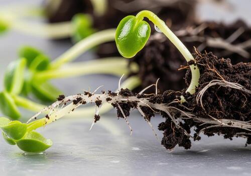 Detailed anatomy of newly germinated green herb sprout with visible roots and soil photo