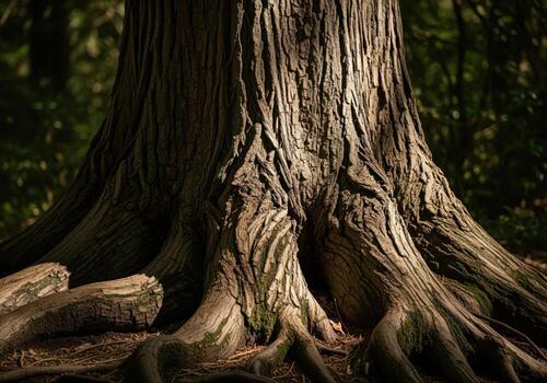 Detailed view of a gigantic tree trunk with deeply furrowed bark and strong roots gripping the earth photo