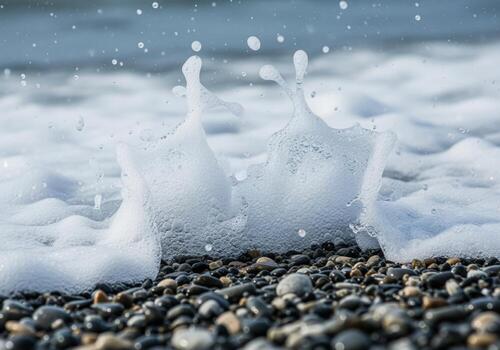 Dynamic close up of white sea foam and splashing water on a dark pebble beach photo