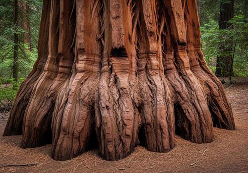 Close up of the ancient, textured bark and root system of a giant redwood tree in a natural forest. photo