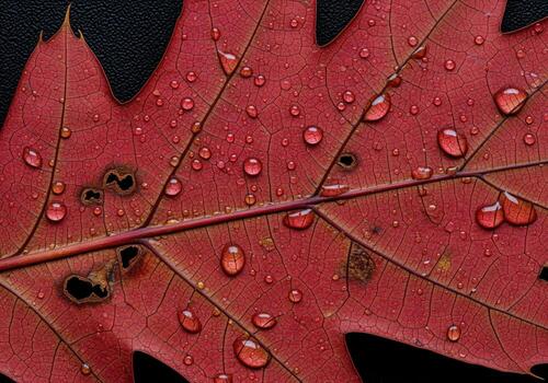 Detailed macro view of a vibrant red autumn oak leaf covered in shimmering dew drops photo