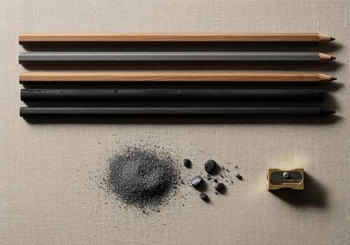 Minimalist flat lay of drawing tools with natural wood and black pencils, graphite, and sharpener photo