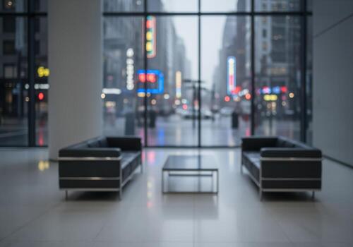 Modern corporate office lobby with minimalist design and blurred city street view through large windows photo