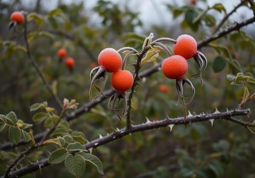 Close up of bright orange frosted rose hips on thorny branches in winter photo