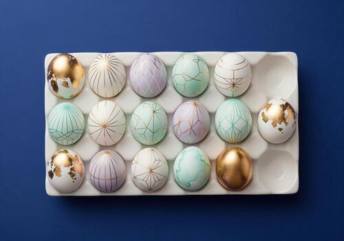 Elegant decorated easter eggs with gold leaf and geometric patterns in a white ceramic tray photo