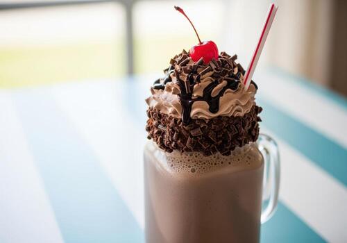 Decadent chocolate milkshake in a mason jar with whipped cream, chocolate, and cherry on top photo