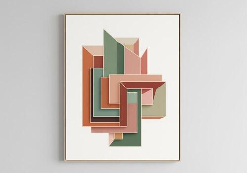 Serene geometric abstract painting with layered interlocking shapes in earthy tones photo