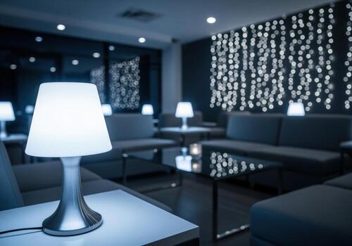 Sleek modern lounge area with cool toned lighting and bokeh effect for relaxation photo