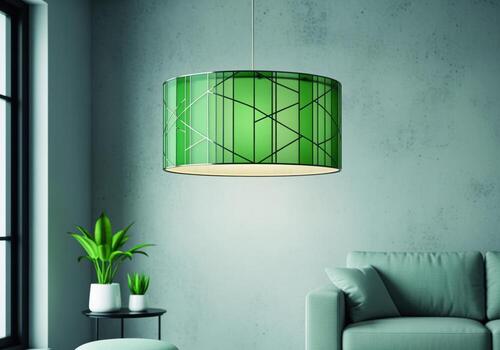 Sleek emerald green drum lampshade with geometric pattern in a modern living room photo