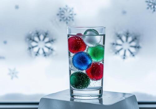 Tall glass of sparkling water with colorful ice spheres on an ice block, winter snowflake scene photo