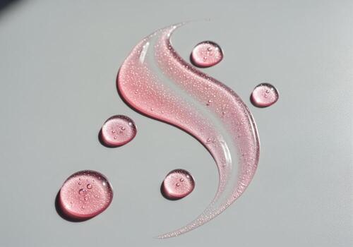 Shimmering pink serum swirled in a graceful pattern with delicate drops on a light gray surface photo