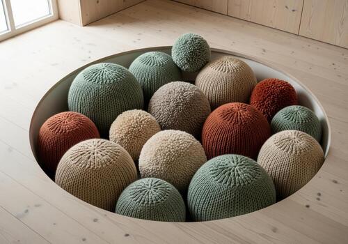 Cozy pit filled with knitted and fuzzy spheres in natural tones on a light wood floor photo