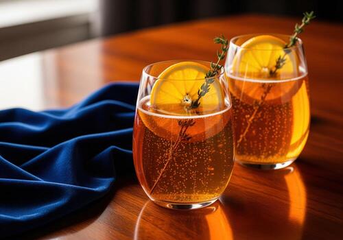 Two elegant sparkling amber drinks with orange and thyme garnish on a polished wooden table photo