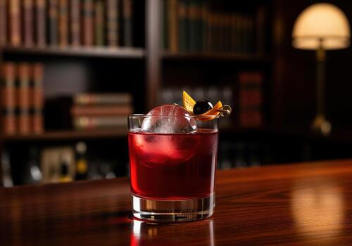 Sophisticated ruby red cocktail with spherical ice and garnish on a wooden bar photo