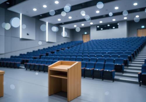 Empty modern university lecture hall with tiered blue seating and a wooden podium ready for a speech photo