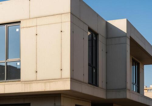 Modern concrete building under construction with large windows and clear blue sky photo