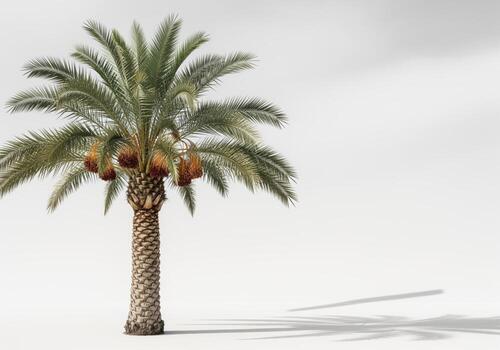Solitary date palm tree with green fronds and ripe dates on a bright white background photo