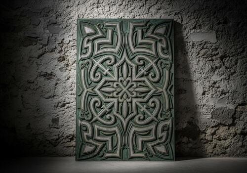 Detailed ornate plaque with complex symmetrical patterns leaning on a textured stone wall photo