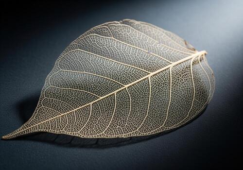 Striking close up of a delicate skeletal leaf, revealing its intricate lace like structure and fine veins on a dark surface photo