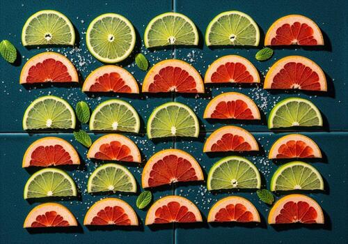 Vibrant overhead arrangement of fresh lime and grapefruit slices with mint and salt photo