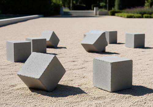 Geometric grey concrete blocks scattered on a textured gravel surface in bright sunlight photo