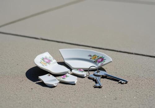 Shattered porcelain plate with floral pattern and silver keys on ground, symbolizing broken relationship or home photo