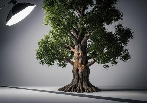 Ancient green tree illuminated by studio light in a minimalist grey setting photo