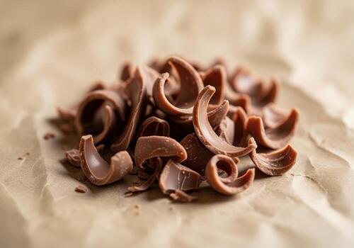 Delicious milk chocolate shavings and curls piled on rustic brown paper photo