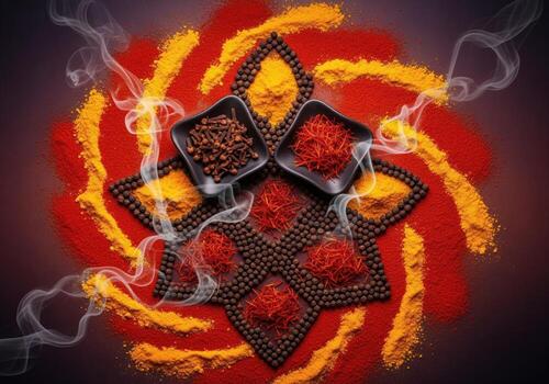Vibrant spices arranged in an abstract mandala pattern with paprika, turmeric, and saffron photo