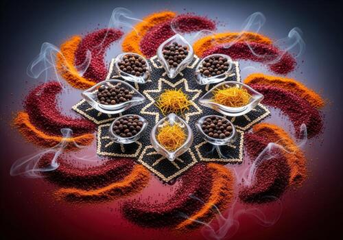 Vibrant culinary spices arranged in an artistic mandala pattern with black peppercorns and saffron photo
