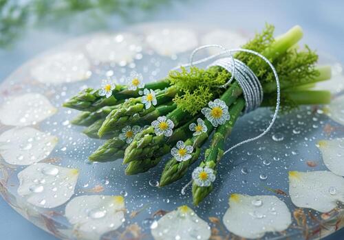 Delicate green asparagus bundle adorned with tiny white flowers and moss, glistening with dew photo
