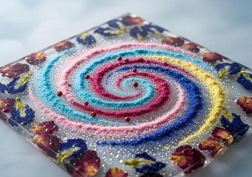 Vibrant swirling galaxy of powdered spices and sugar on clear surface with flower petals photo