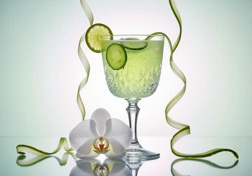 Whimsical garden elixir, refreshing cucumber lime drink in a crystal goblet with orchid photo