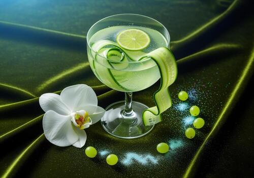 Vibrant green cocktail with cucumber ribbon and lime, complemented by a white orchid and grapes photo