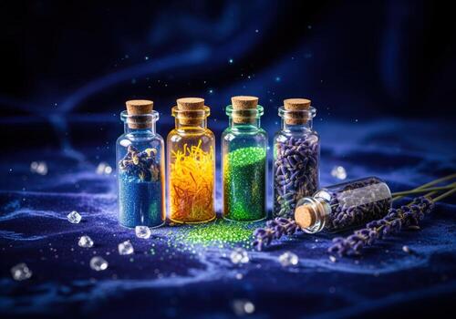 Enchanted apothecary bottles with mystical spices and glitter on a dark blue background photo