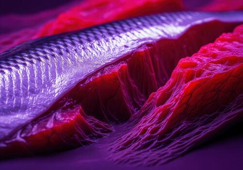 Vibrant abstract fish fillet with purple scales and red textured flesh as a unique landscape photo