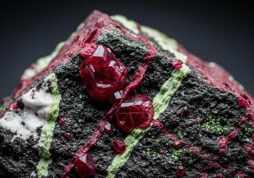 Vibrant red piemontite crystals embedded in a dark, textured basaltic rock matrix photo